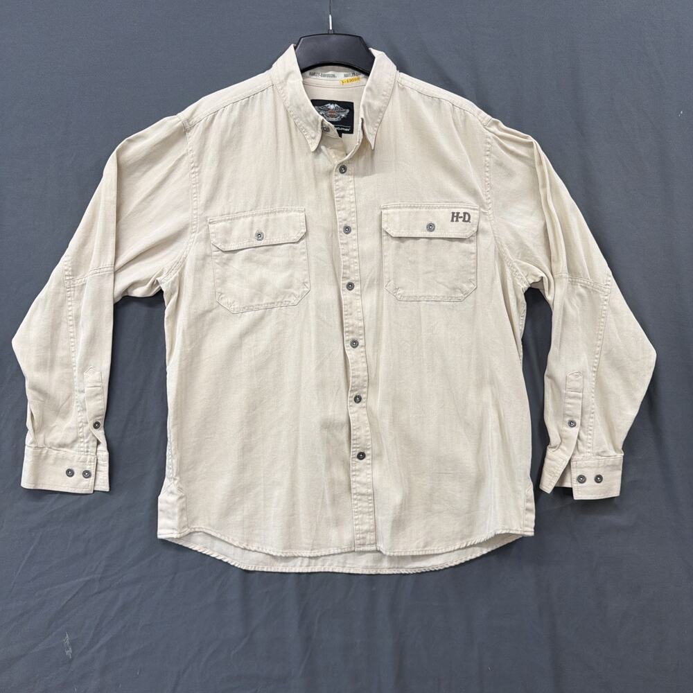 Harley Davidson Long Sleeve Button Up XL Men’s Beige Shirt HD Embroidered